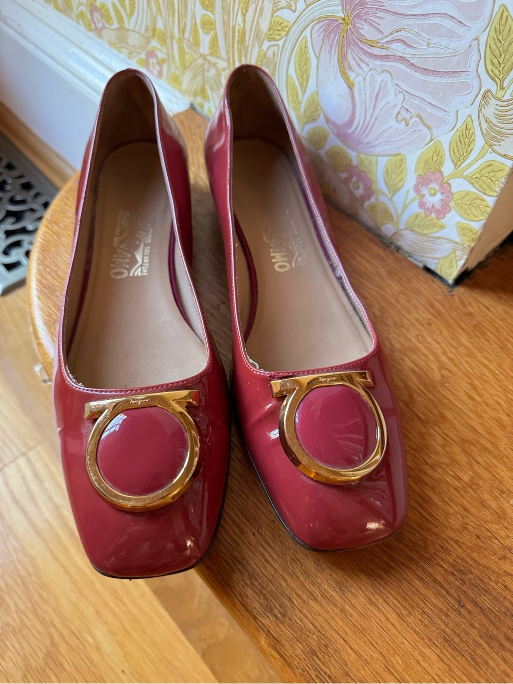 Salvatore Ferragamo Burgundy Patent Leather Gancini Ballet Flats